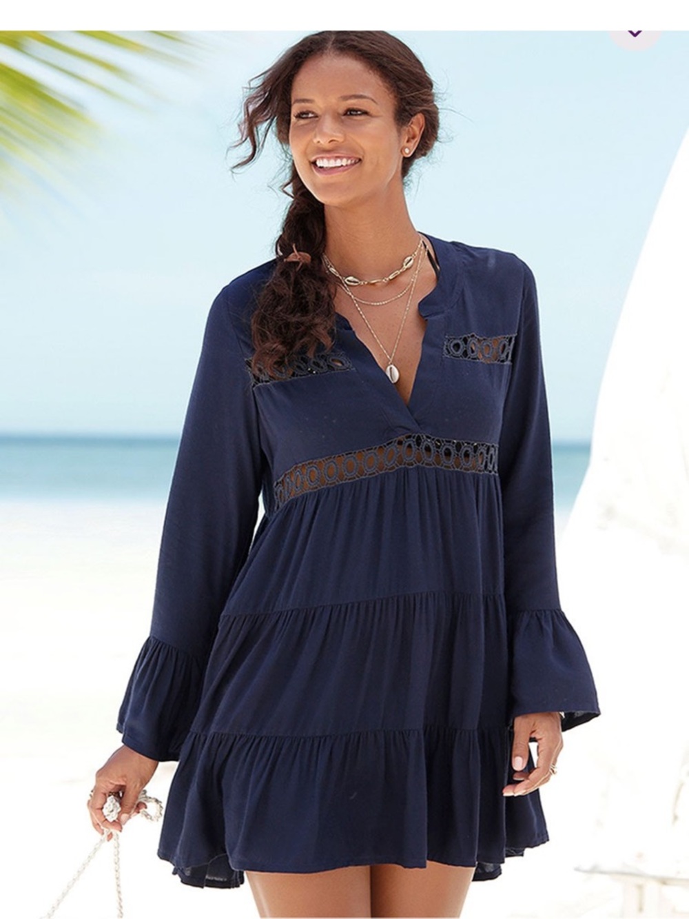 Navy Lace-Trim Tiered Beach Coverup